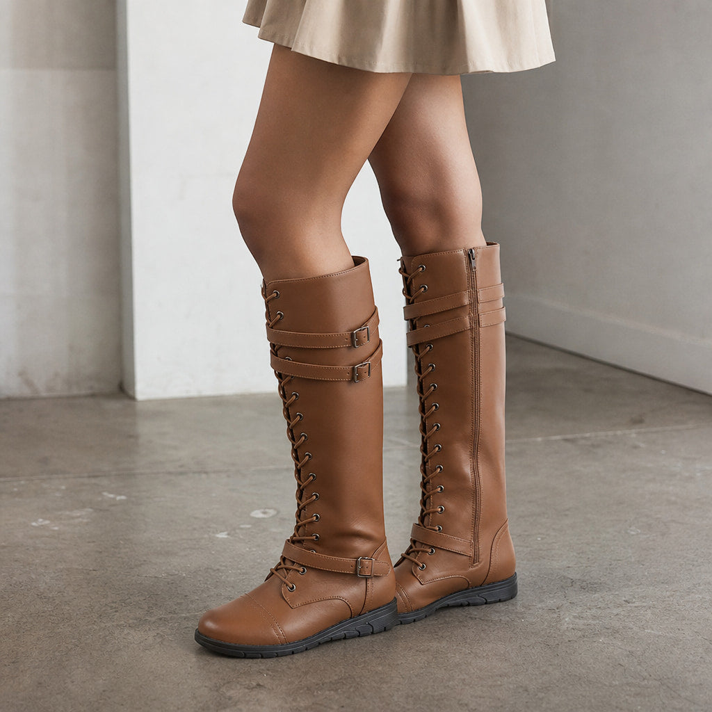 Women's Leather Platform Combat Knee High Boots Brown – Styled Editorial Shot, Detail