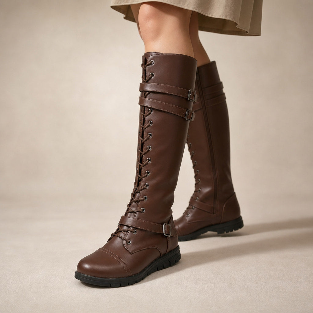 Women's Leather Platform Combat Knee High Boots Darkbrown – Product Photo