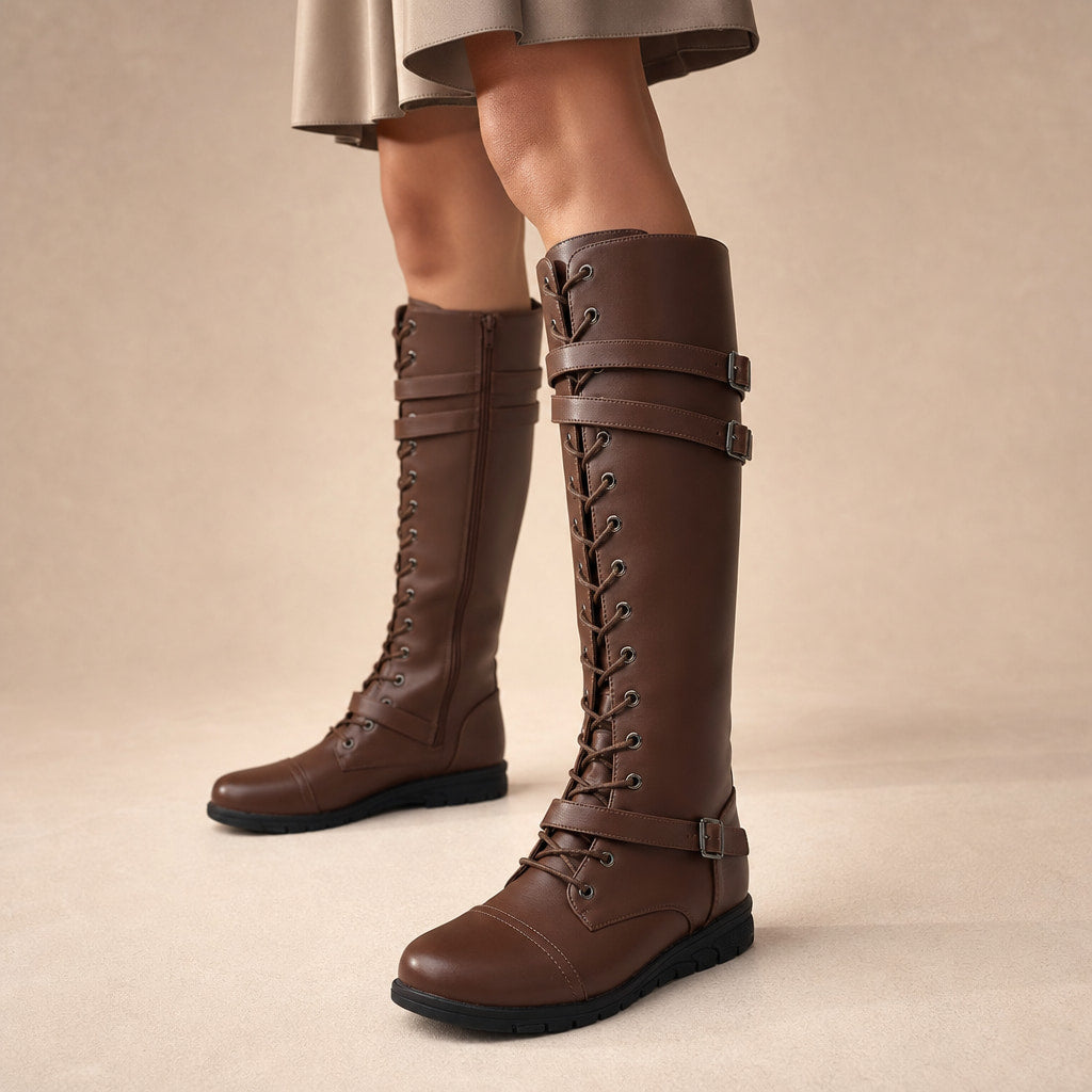 Women's Leather Platform Combat Knee High Boots in Darkbrown – Mampierimoda Premium Womenswear