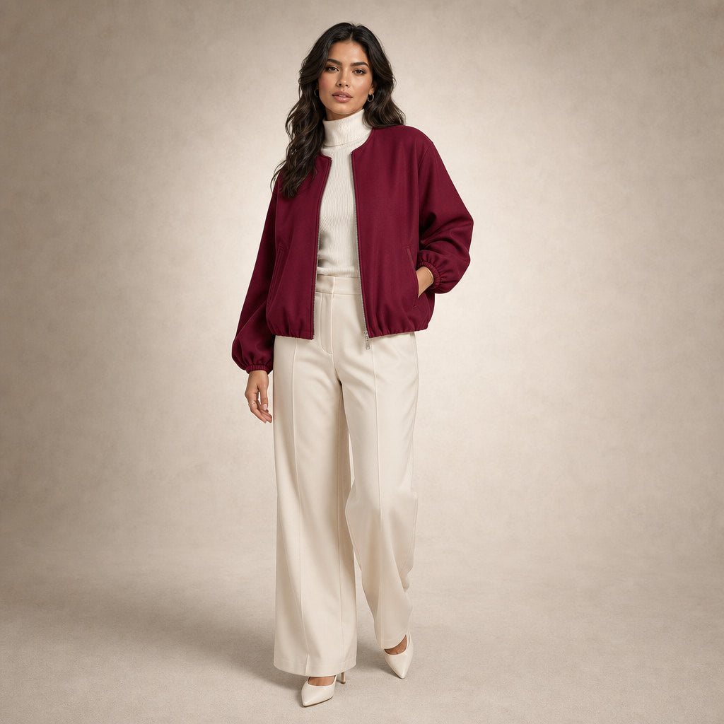 Women's Lightweight Bomber Jacket Wine Red – Side Angle View
