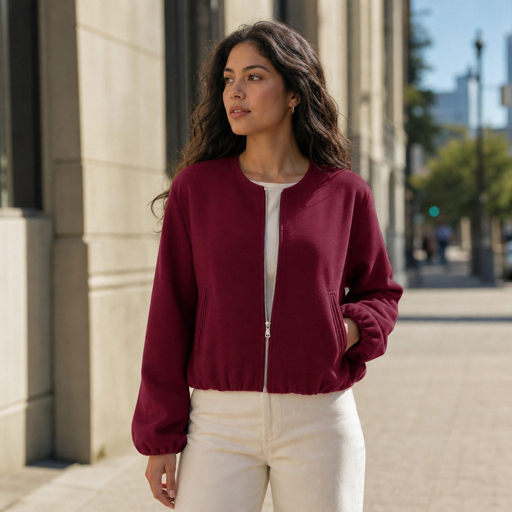 Women's Lightweight Bomber Jacket Wine Red – Styled Editorial Shot