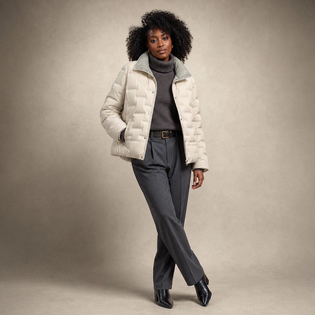 Women's Lightweight Quilted Down Jacket with Stand Collar Beige – Side Angle View