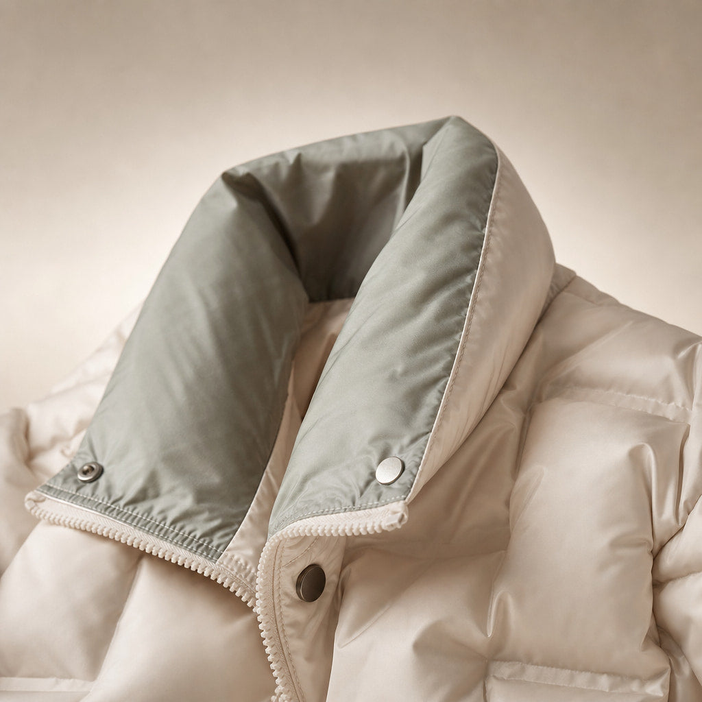 Women's Lightweight Quilted Down Jacket with Stand Collar Beige – Fabric and Detail Close-Up