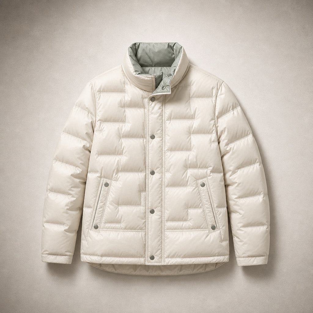 Women's Lightweight Quilted Down Jacket with Stand Collar Beige – Flat Lay Product Photo