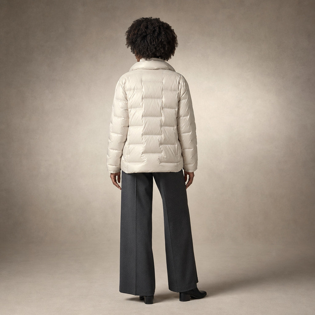Women's Lightweight Quilted Down Jacket with Stand Collar Beige – Full Look