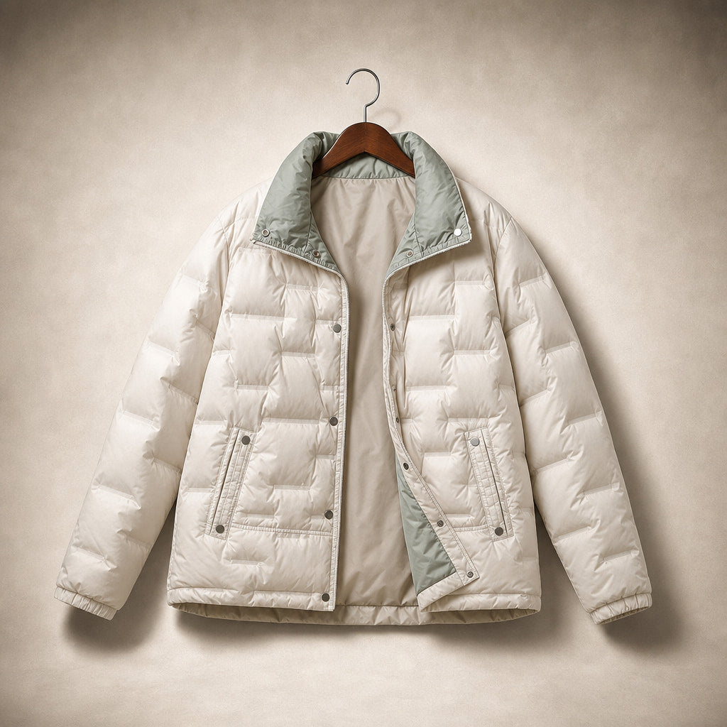 Women's Lightweight Quilted Down Jacket with Stand Collar Beige – Product Photo