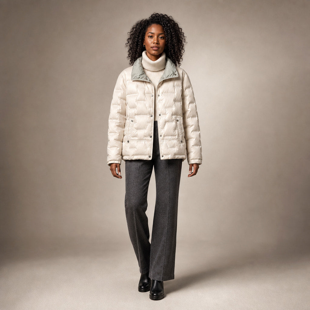 Women's Lightweight Quilted Down Jacket with Stand Collar in Beige – Mampierimoda Premium Womenswear