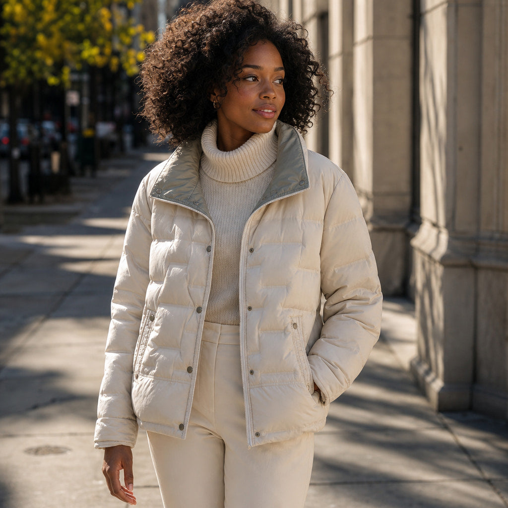 Women's Lightweight Quilted Down Jacket with Stand Collar Beige – Styled Editorial Shot