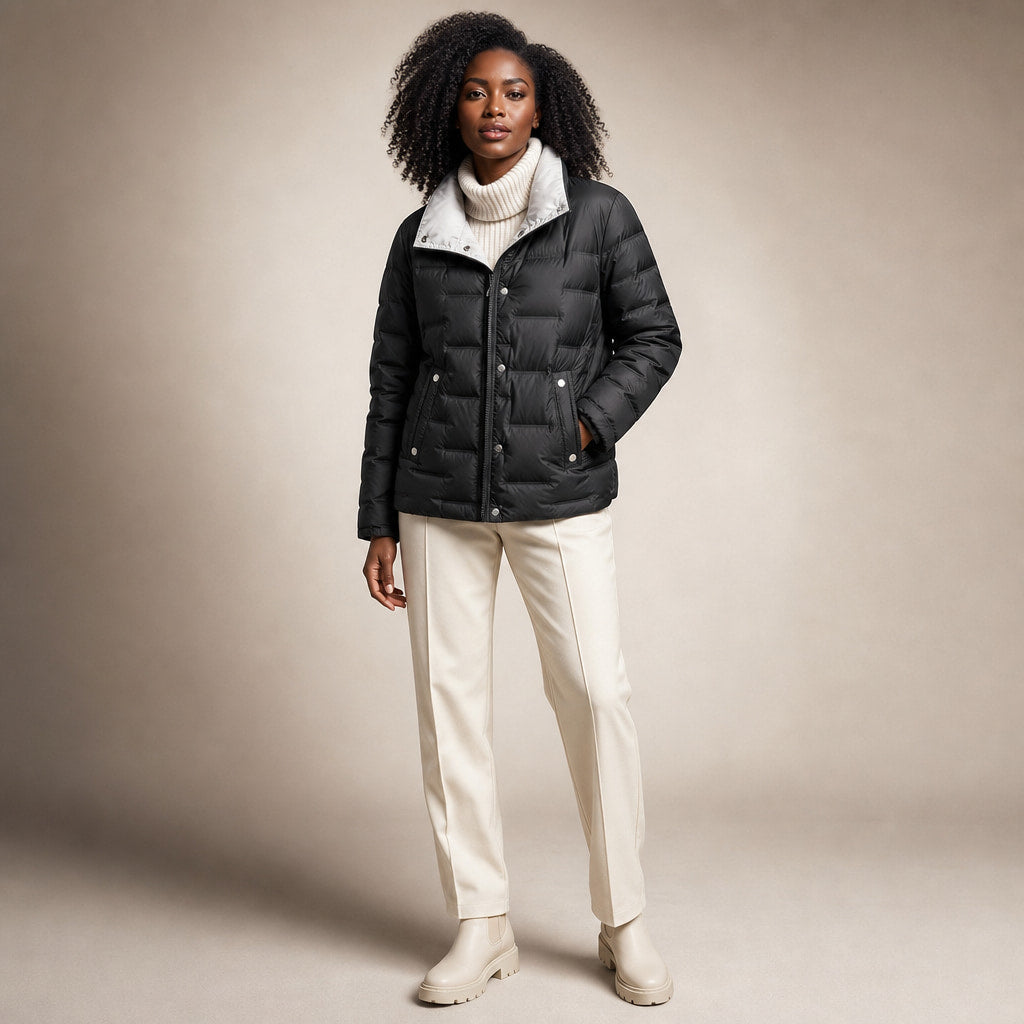 Women's Lightweight Quilted Down Jacket with Stand Collar in Black – Mampierimoda Premium Womenswear