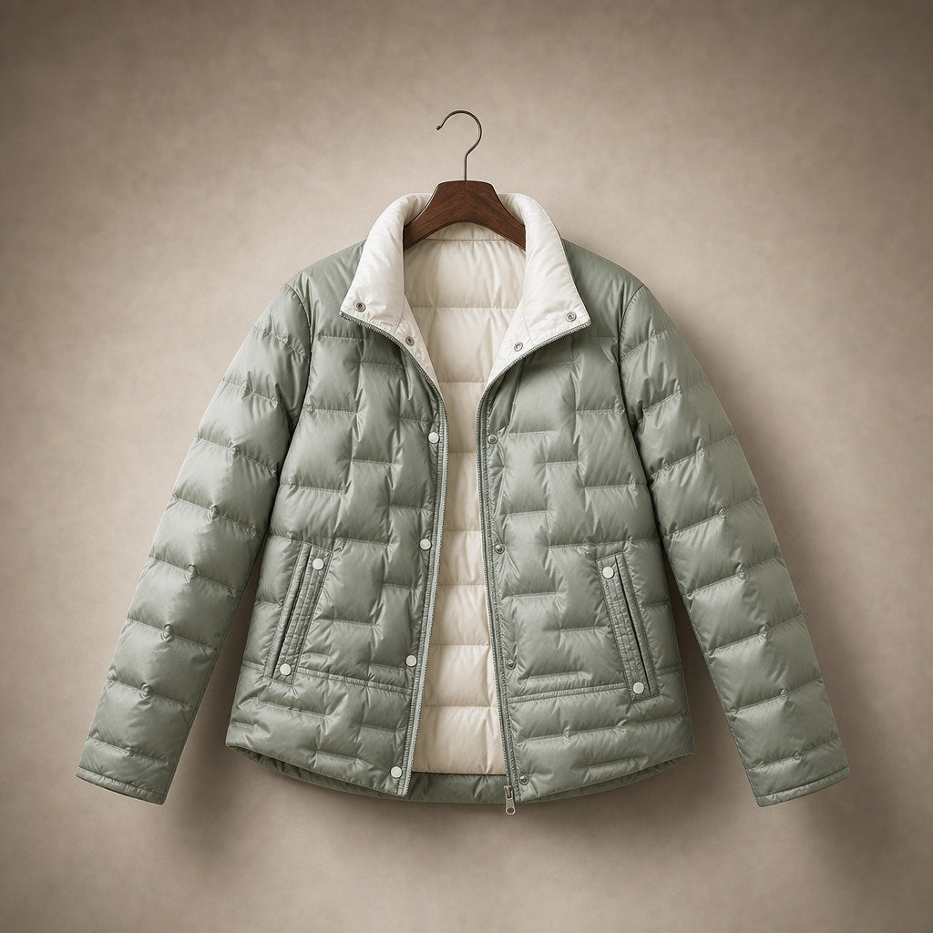 Women's Lightweight Quilted Down Jacket with Stand Collar Green – Product Photo