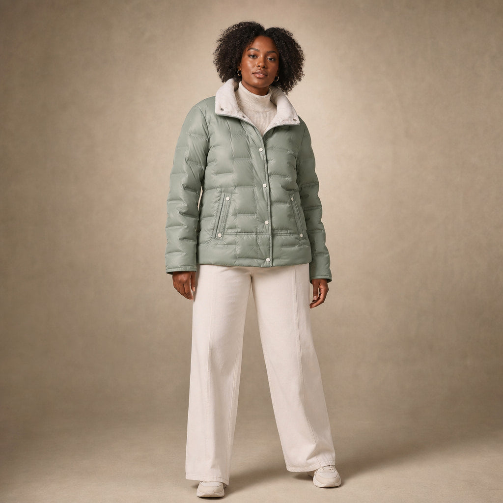 Women's Lightweight Quilted Down Jacket with Stand Collar in Green – Mampierimoda Premium Womenswear