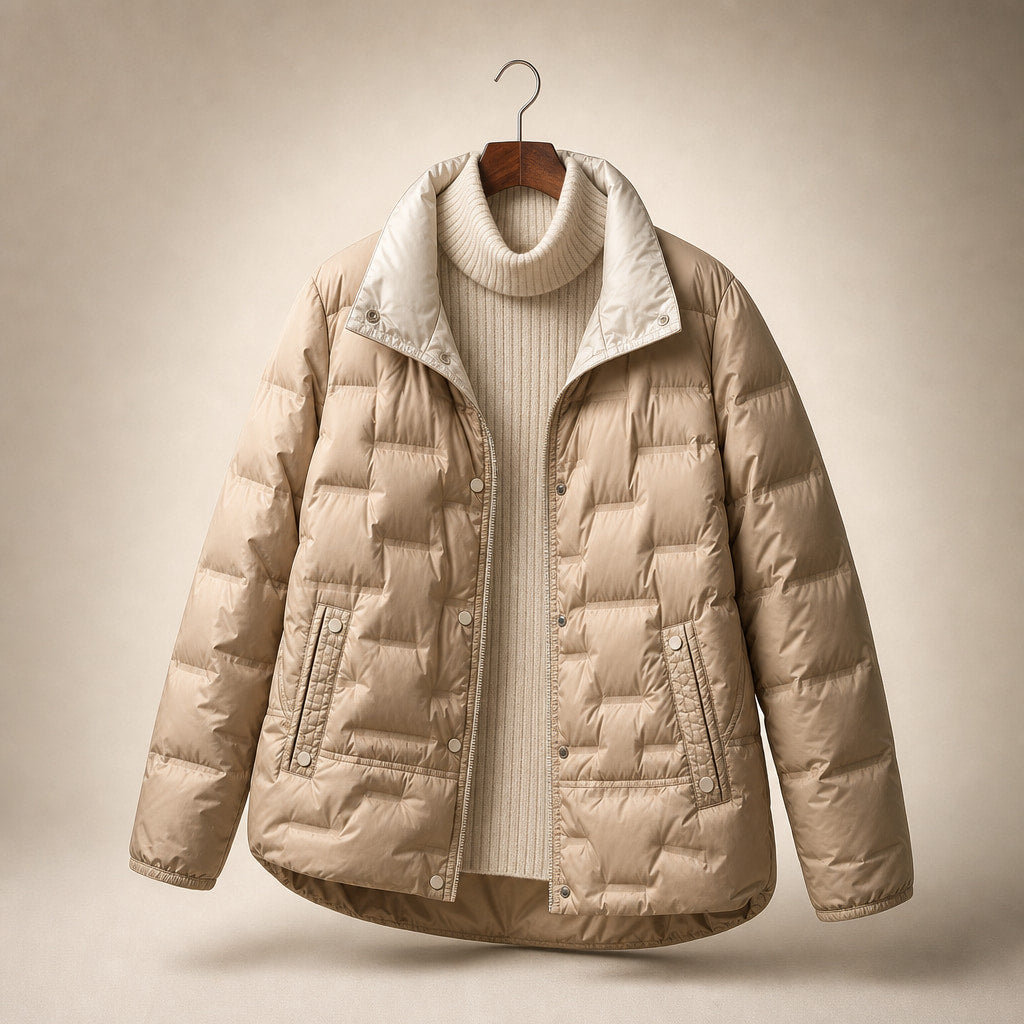 Women's Lightweight Quilted Down Jacket with Stand Collar Khaki – Product Photo