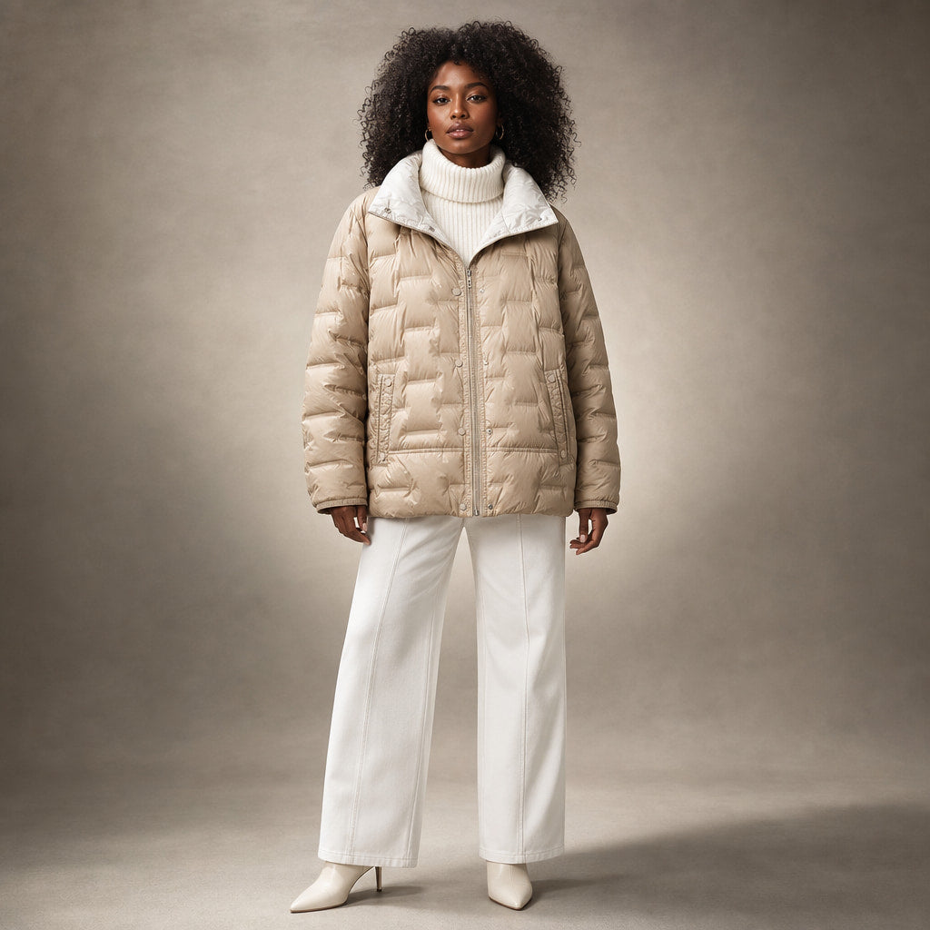 Women's Lightweight Quilted Down Jacket with Stand Collar in Khaki – Mampierimoda Premium Womenswear