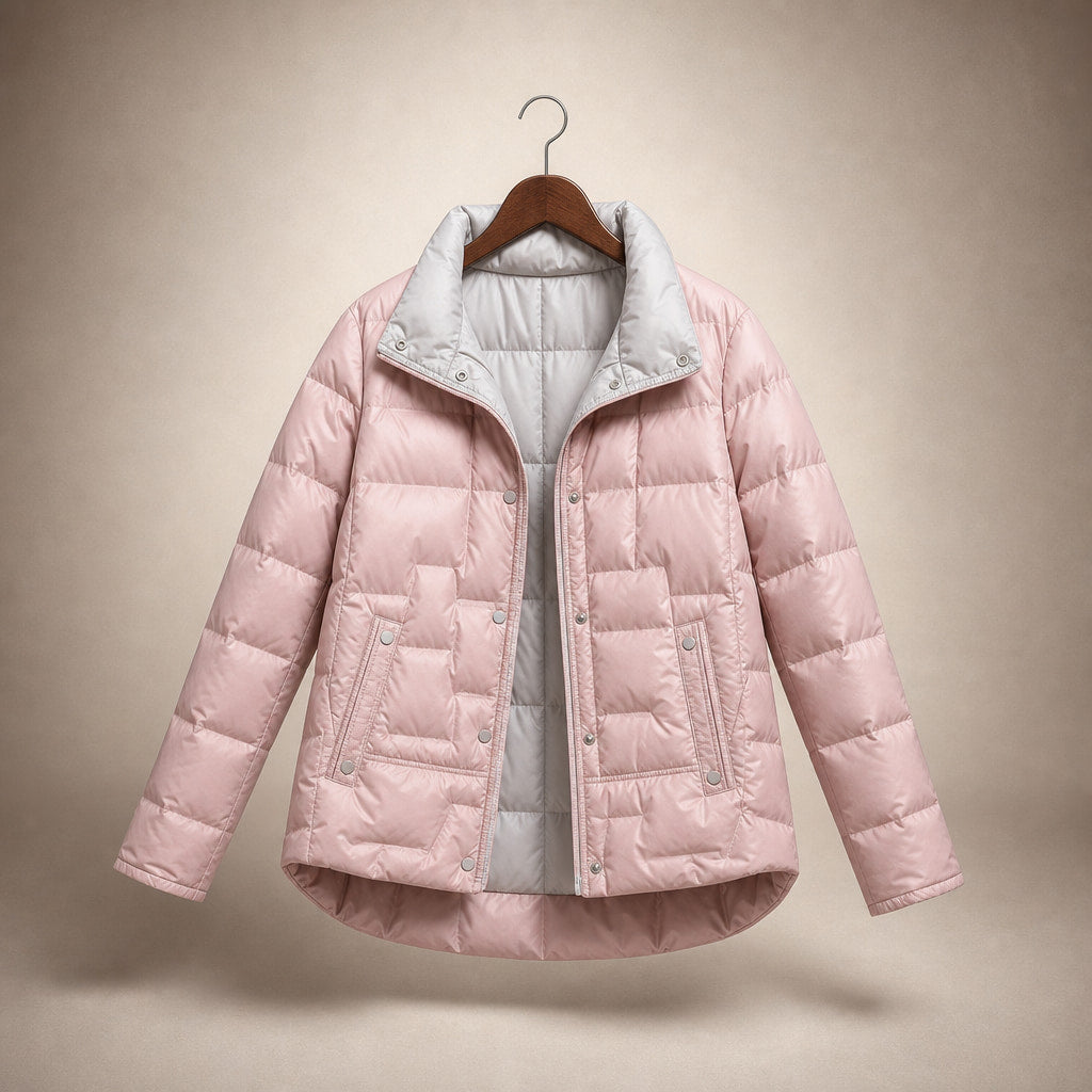 Women's Lightweight Quilted Down Jacket with Stand Collar Pink – Product Photo