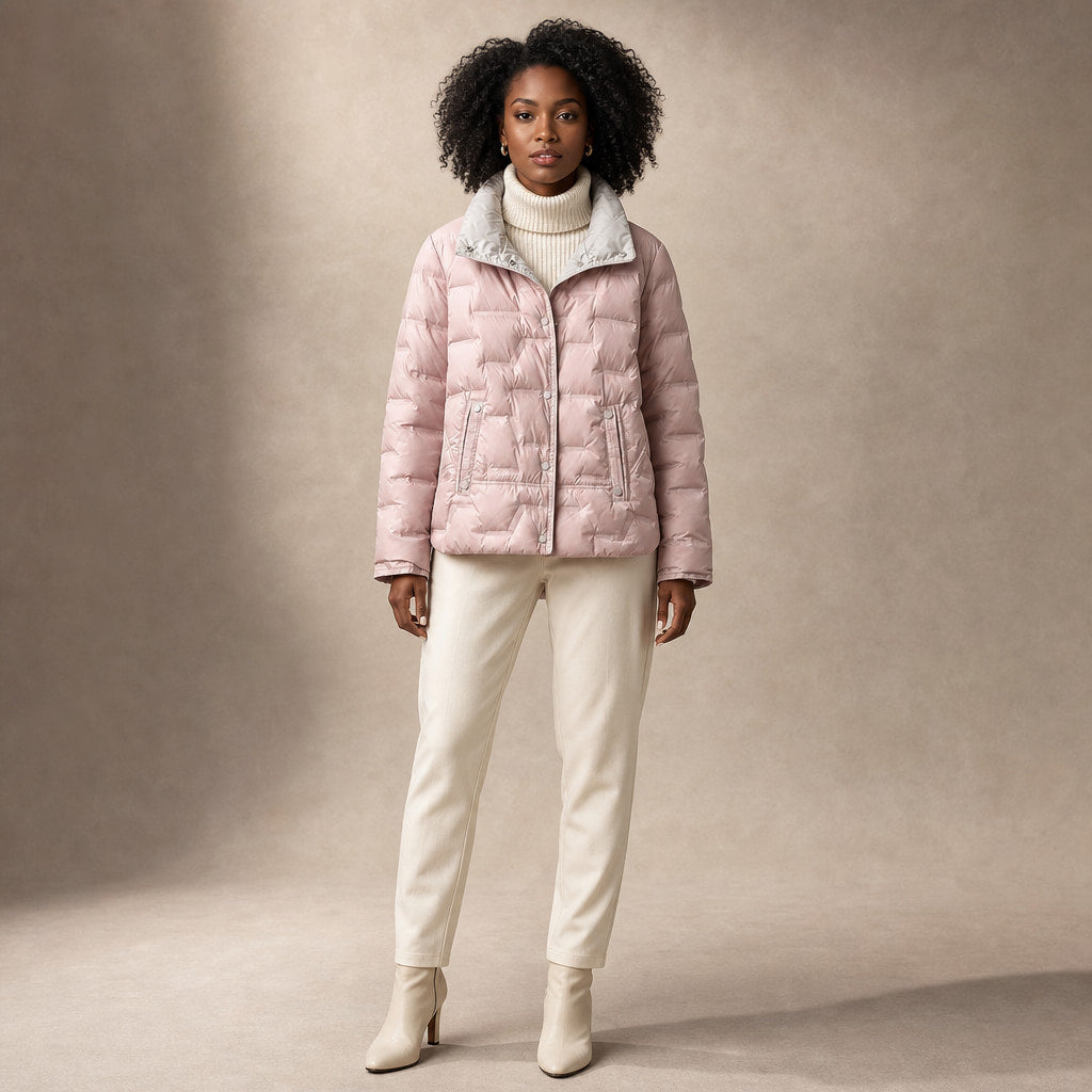 Women's Lightweight Quilted Down Jacket with Stand Collar in Pink – Mampierimoda Premium Womenswear