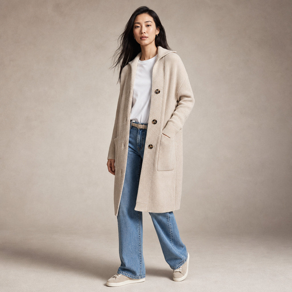 Women's Long Knit Cardigan with Buttons Beige – Side Angle View