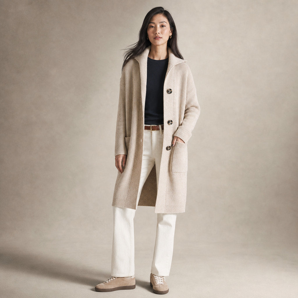 Women's Long Knit Cardigan with Buttons Beige – Full Look