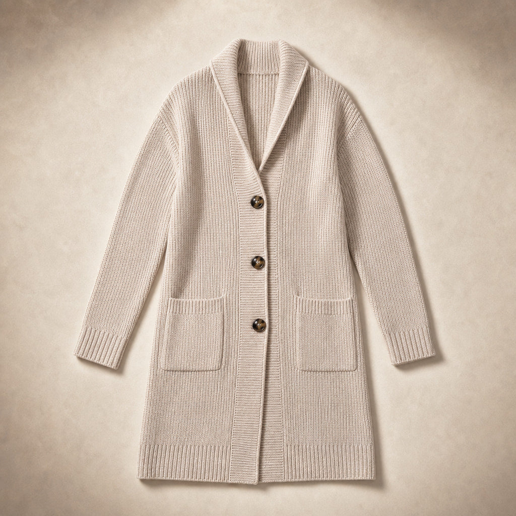 Women's Long Knit Cardigan with Buttons Beige – Product Photo