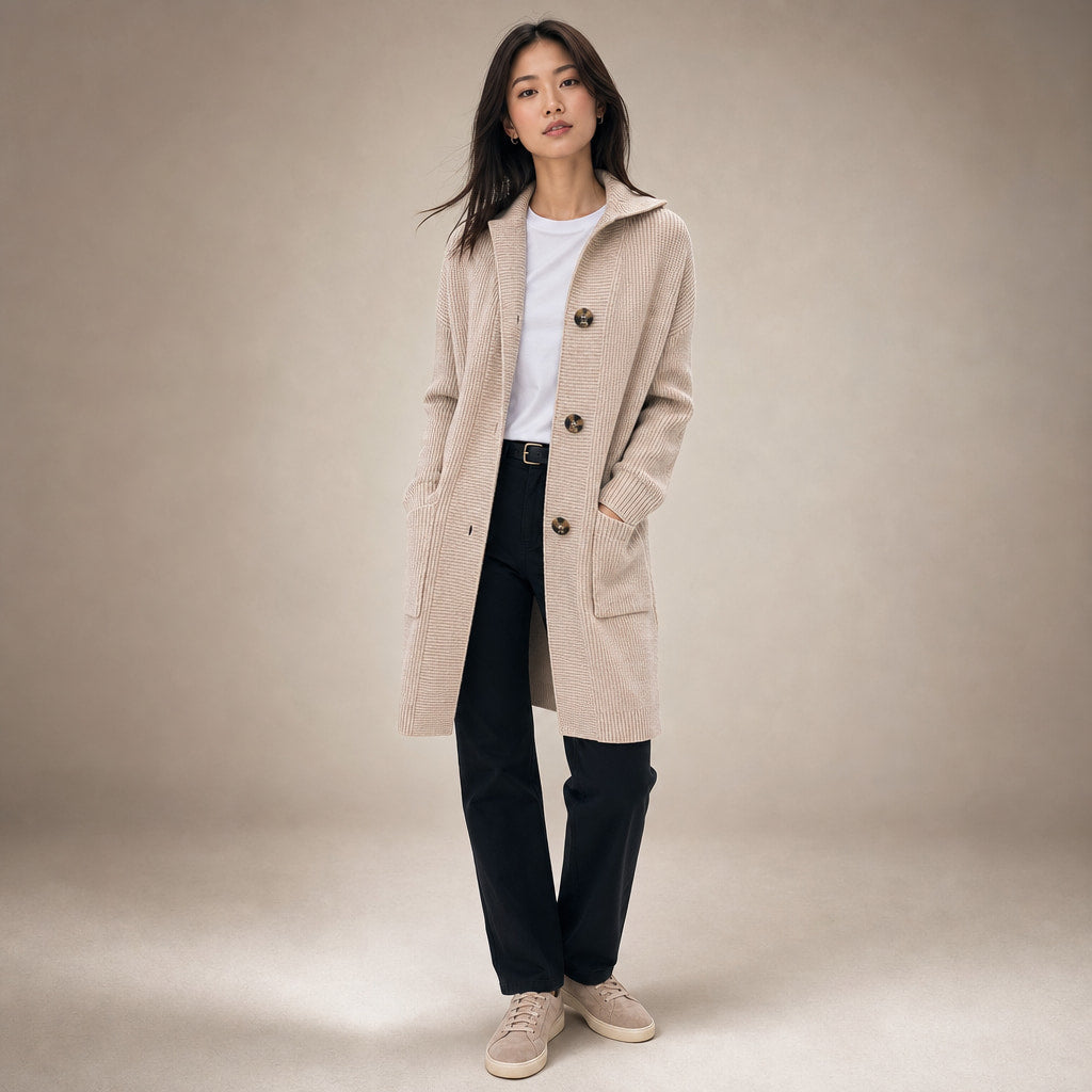 Women's Long Knit Cardigan with Buttons in Beige – Mampierimoda Premium Womenswear