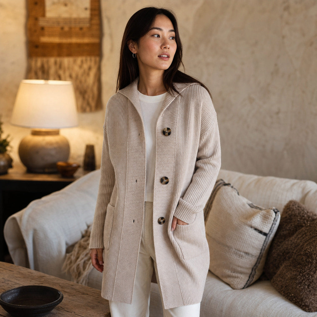 Women's Long Knit Cardigan with Buttons Beige – Styled Editorial Shot