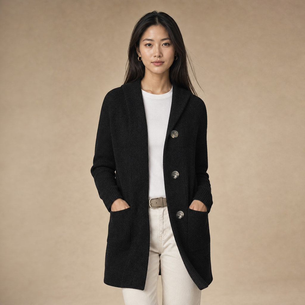 Women's Long Knit Cardigan with Buttons in Black – Mampierimoda Premium Womenswear