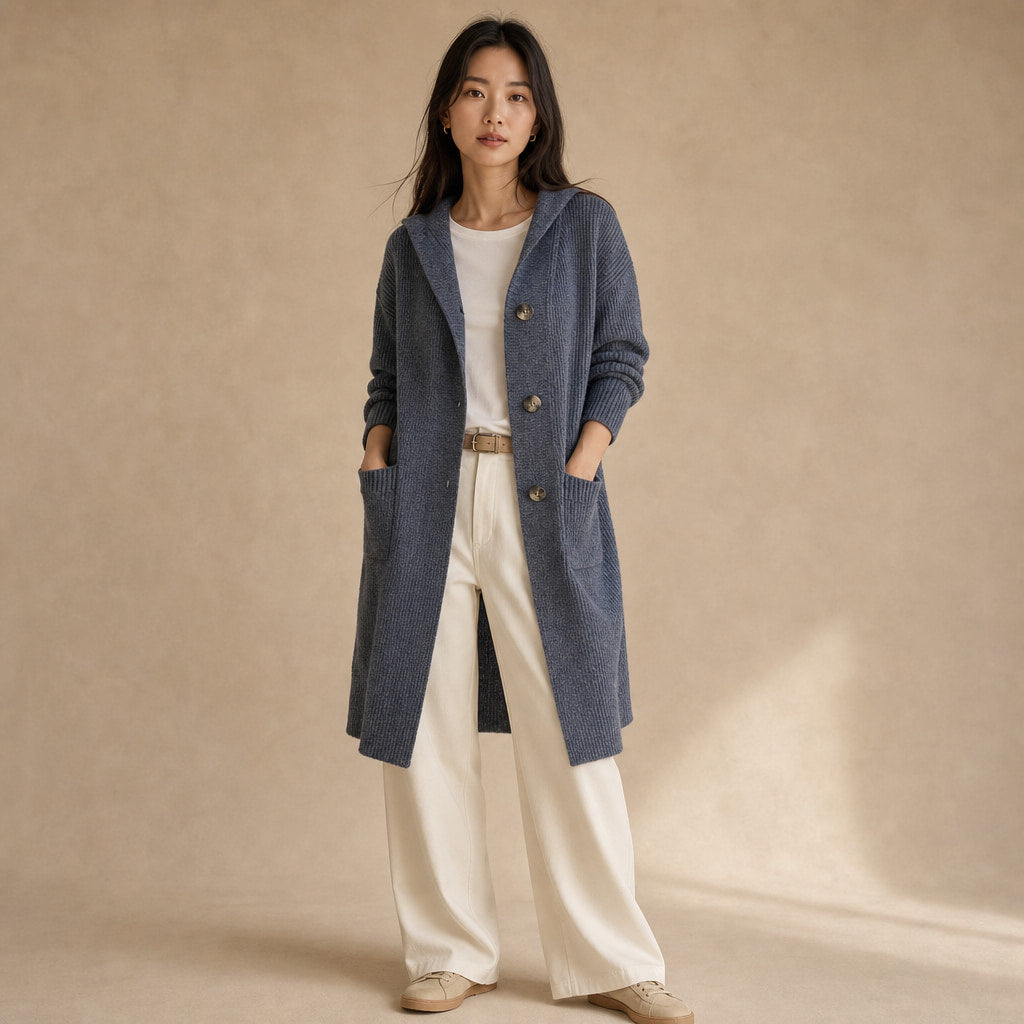 Women's Long Knit Cardigan with Buttons in Blue5 – Mampierimoda Premium Womenswear