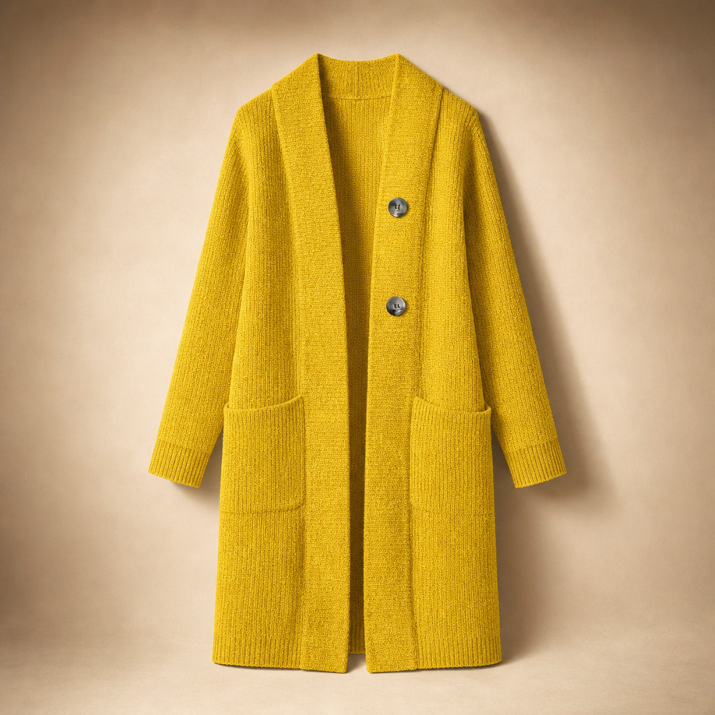 Women's Long Knit Cardigan with Buttons Yellow – Product Photo
