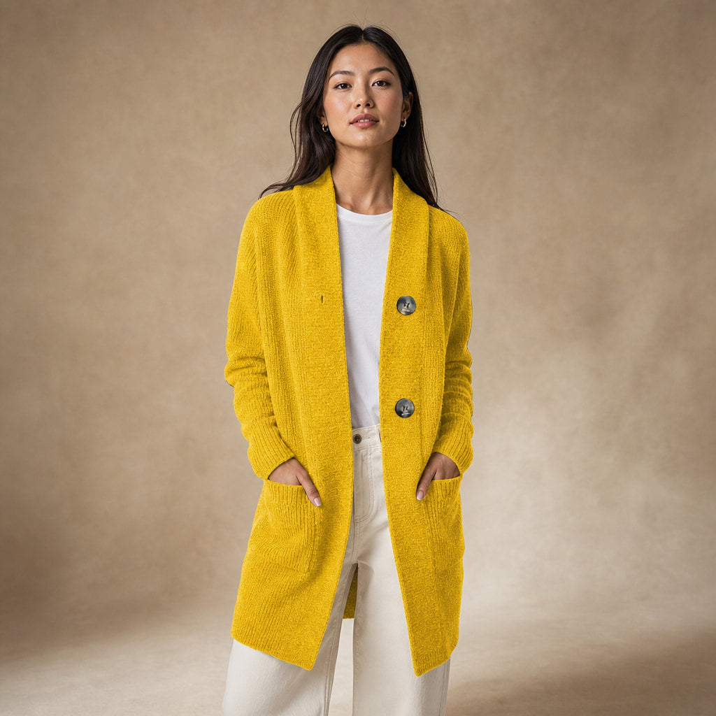 Women's Long Knit Cardigan with Buttons in Yellow – Mampierimoda Premium Womenswear