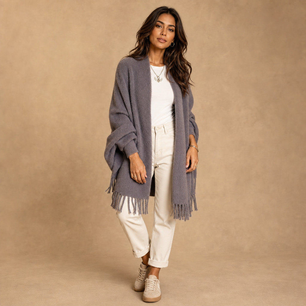 Women's long warm knit cardigan Grey – Side Angle View