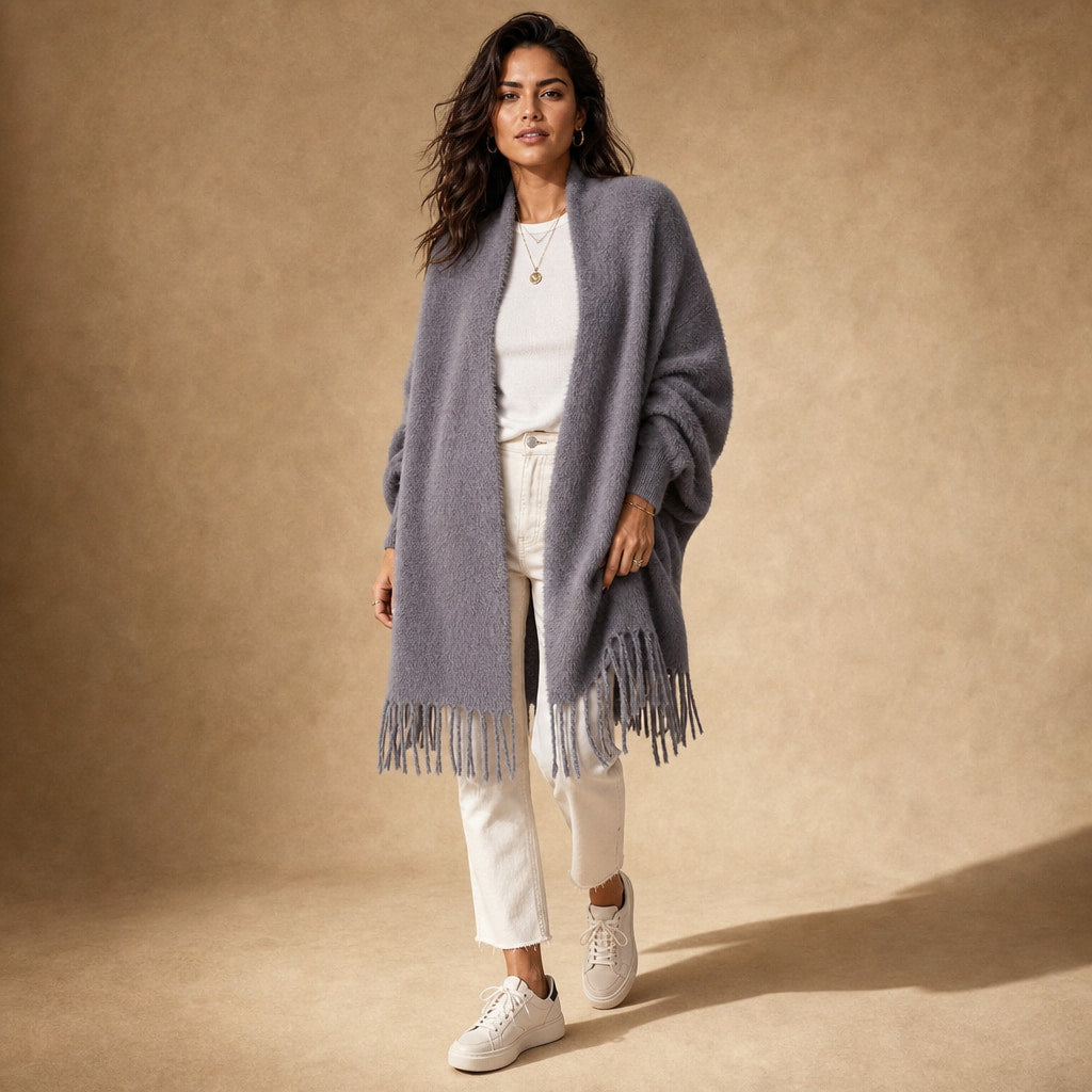 Women's long warm knit cardigan Grey – Full Look