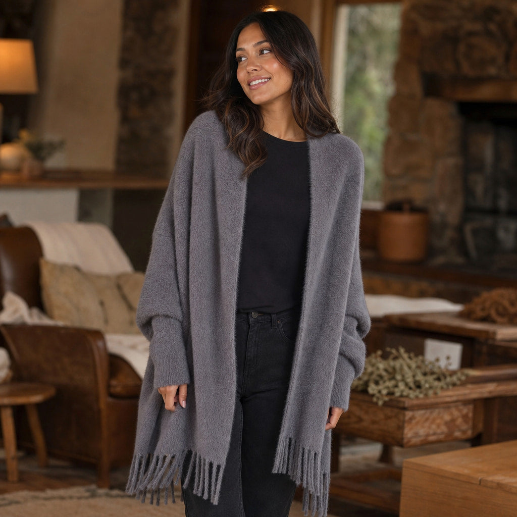 Women's long warm knit cardigan Grey – Styled Editorial Shot