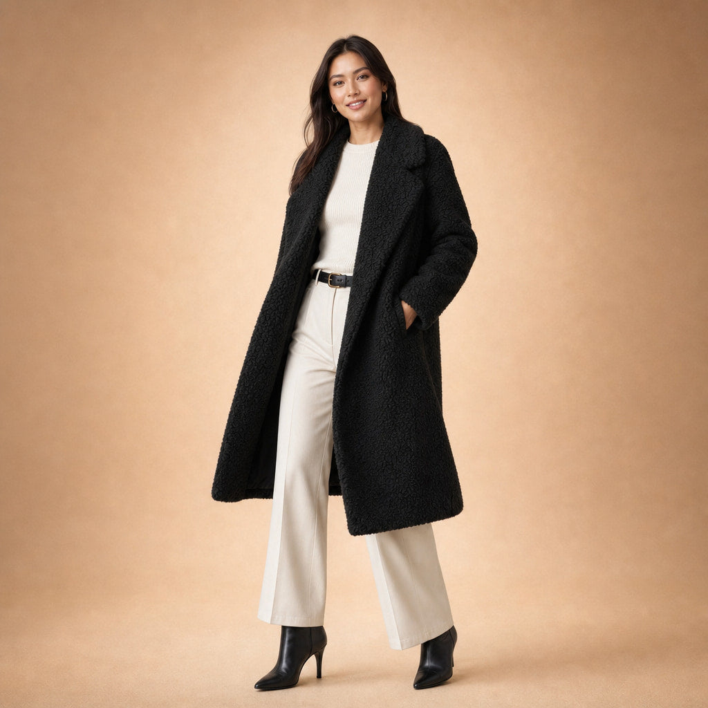 Women's Longline Teddy Coat Notch Lapel Open Front Winter Overcoat Black – Side Angle View