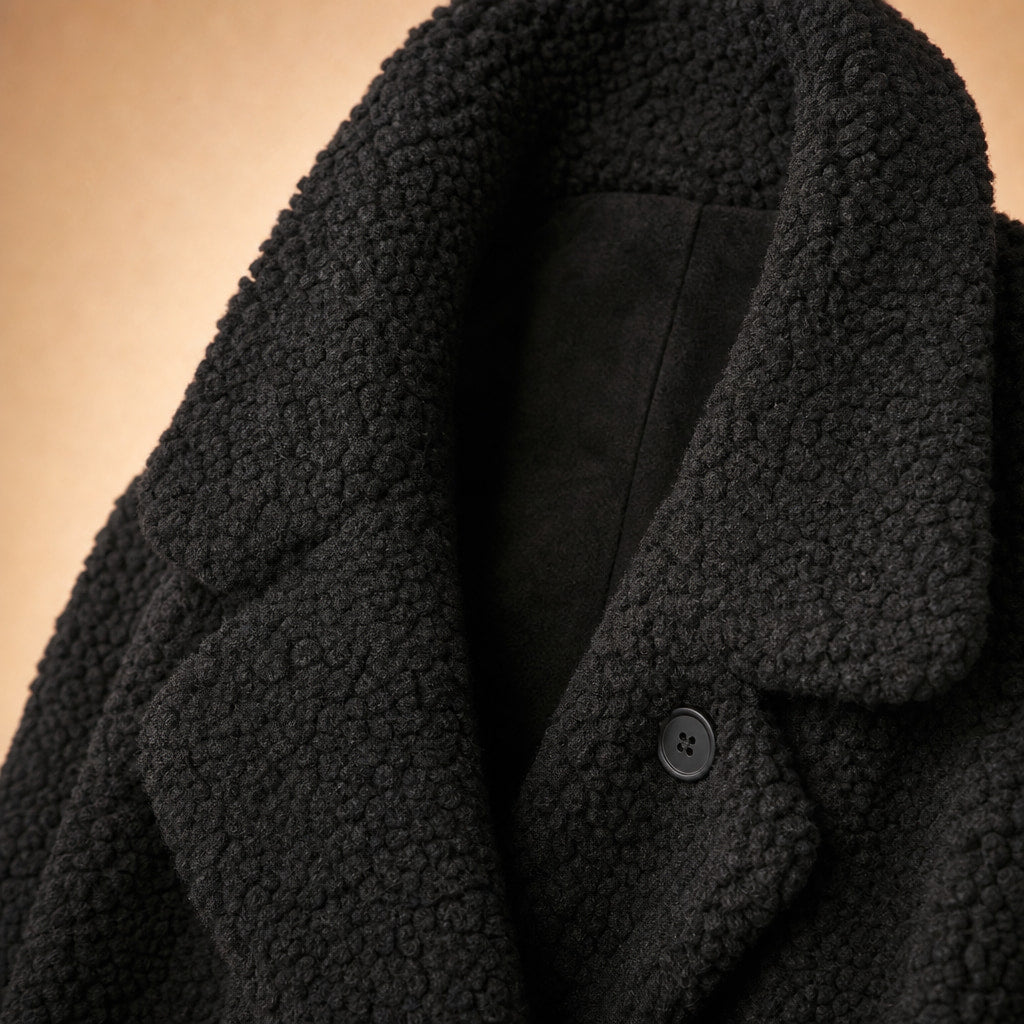 Women's Longline Teddy Coat Notch Lapel Open Front Winter Overcoat Black – Fabric and Detail Close-Up