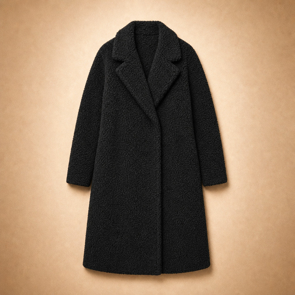 Women's Longline Teddy Coat Notch Lapel Open Front Winter Overcoat Black – Flat Lay Product Photo