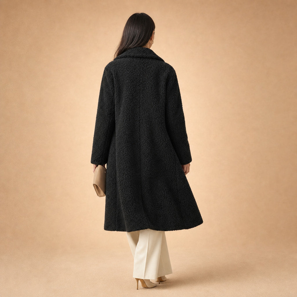 Women's Longline Teddy Coat Notch Lapel Open Front Winter Overcoat Black – Full Look