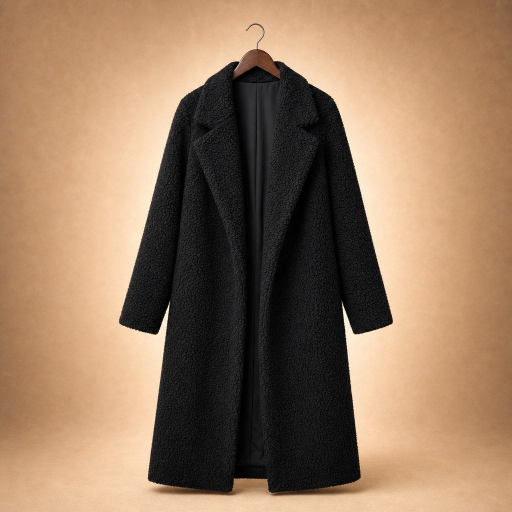 Women's Longline Teddy Coat Notch Lapel Open Front Winter Overcoat Black – Product Photo