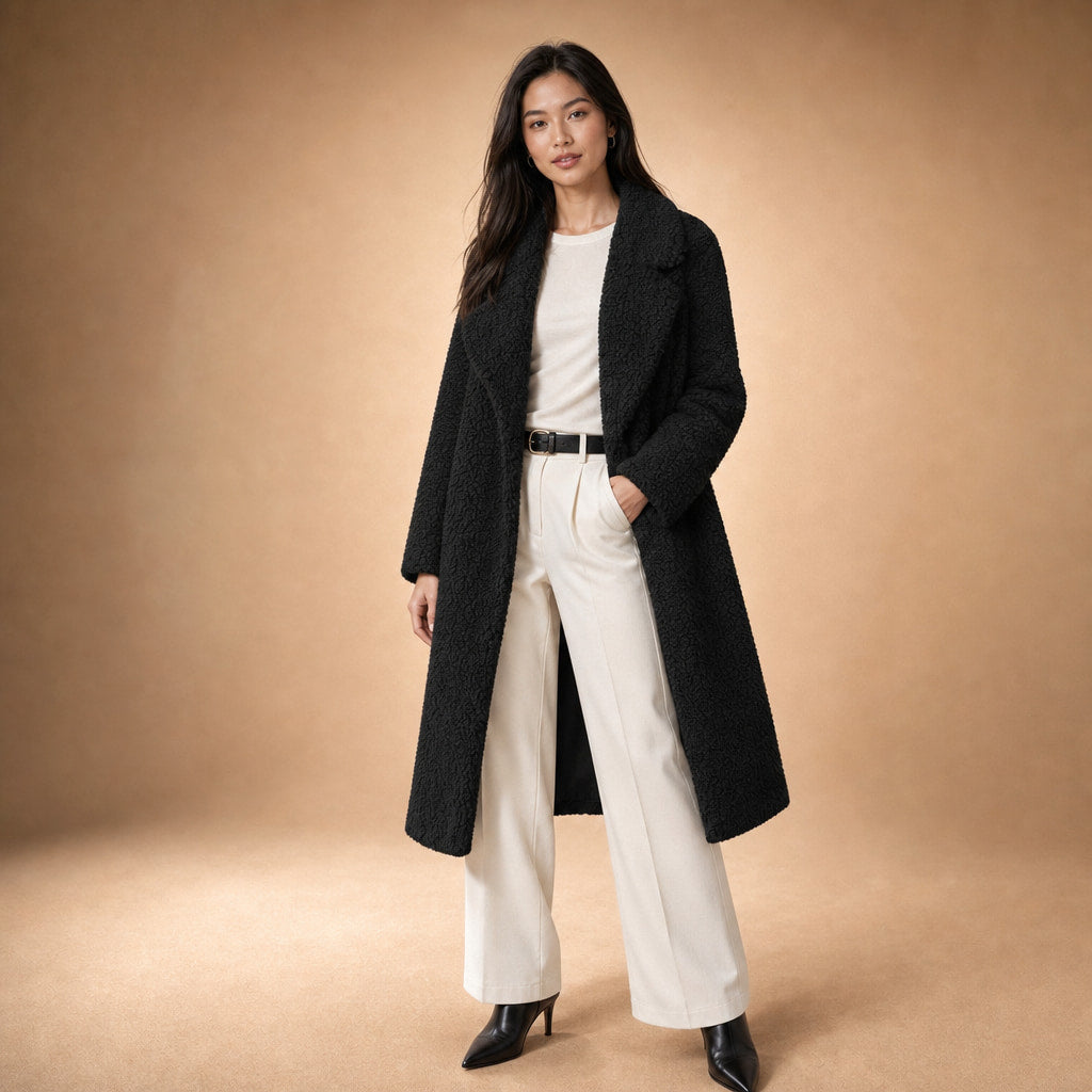 Women's Longline Teddy Coat Notch Lapel Open Front Winter Overcoat in Black – Mampierimoda Premium Womenswear