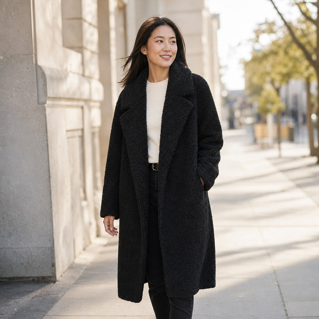Women's Longline Teddy Coat Notch Lapel Open Front Winter Overcoat Black – Styled Editorial Shot