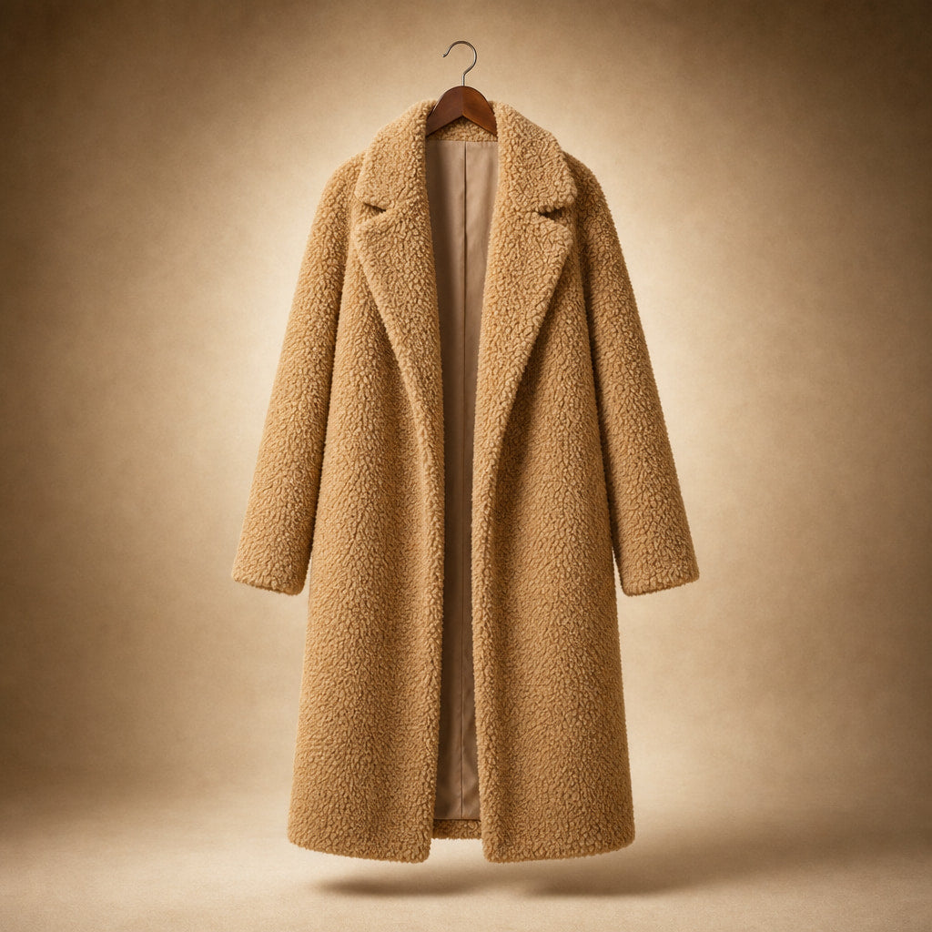 Women's Longline Teddy Coat Notch Lapel Open Front Winter Overcoat Light Brown – Product Photo