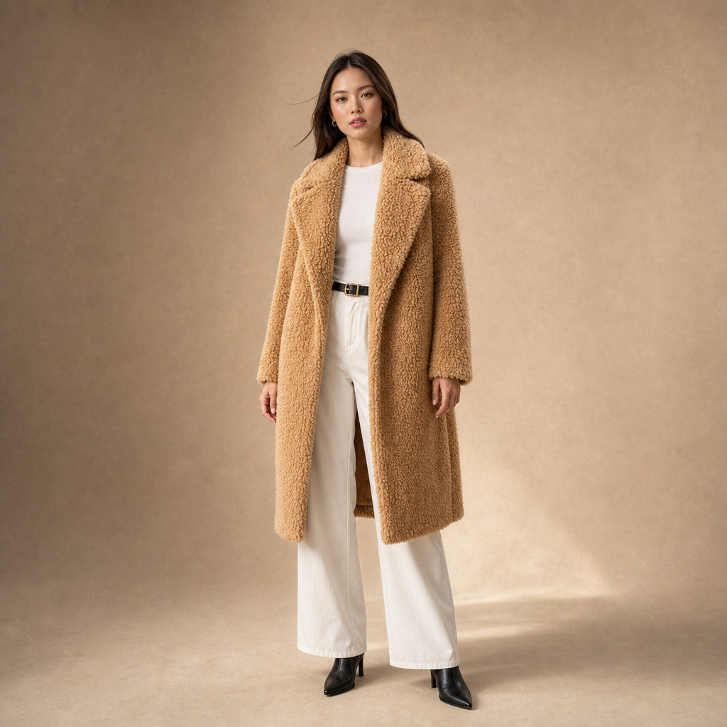 Women's Longline Teddy Coat Notch Lapel Open Front Winter Overcoat in Light Brown – Mampierimoda Premium Womenswear