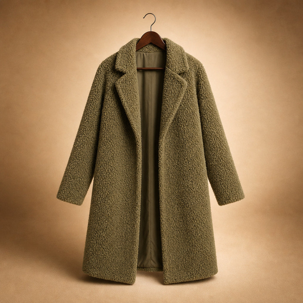 Women's Longline Teddy Coat Notch Lapel Open Front Winter Overcoat Olive – Product Photo