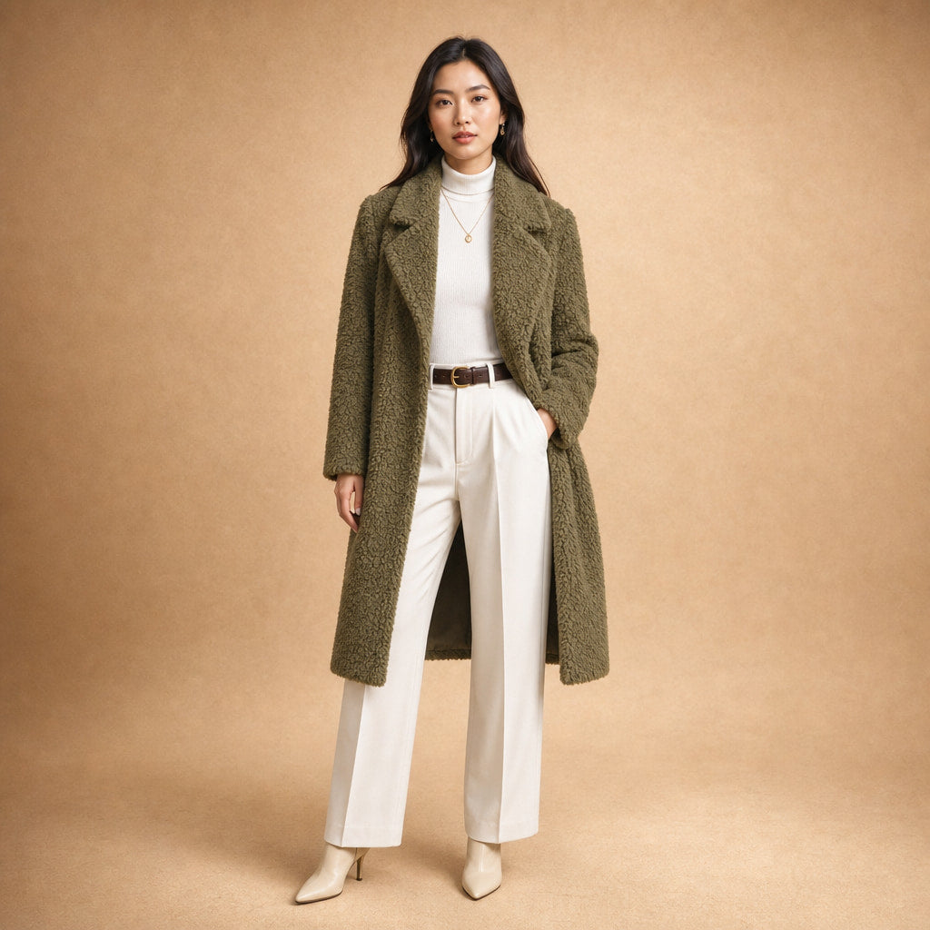 Women's Longline Teddy Coat Notch Lapel Open Front Winter Overcoat in Olive – Mampierimoda Premium Womenswear