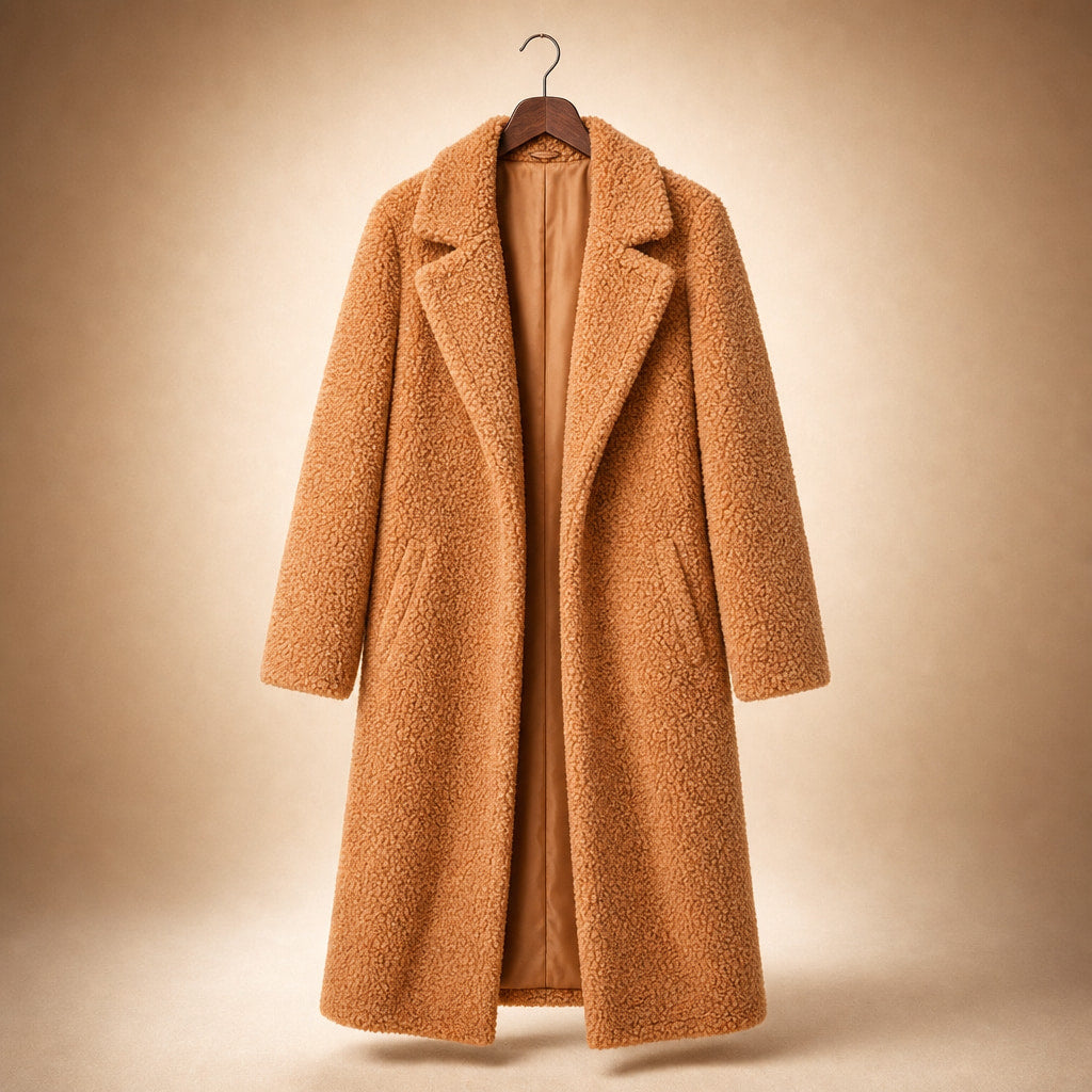 Women's Longline Teddy Coat Notch Lapel Open Front Winter Overcoat Orange – Product Photo