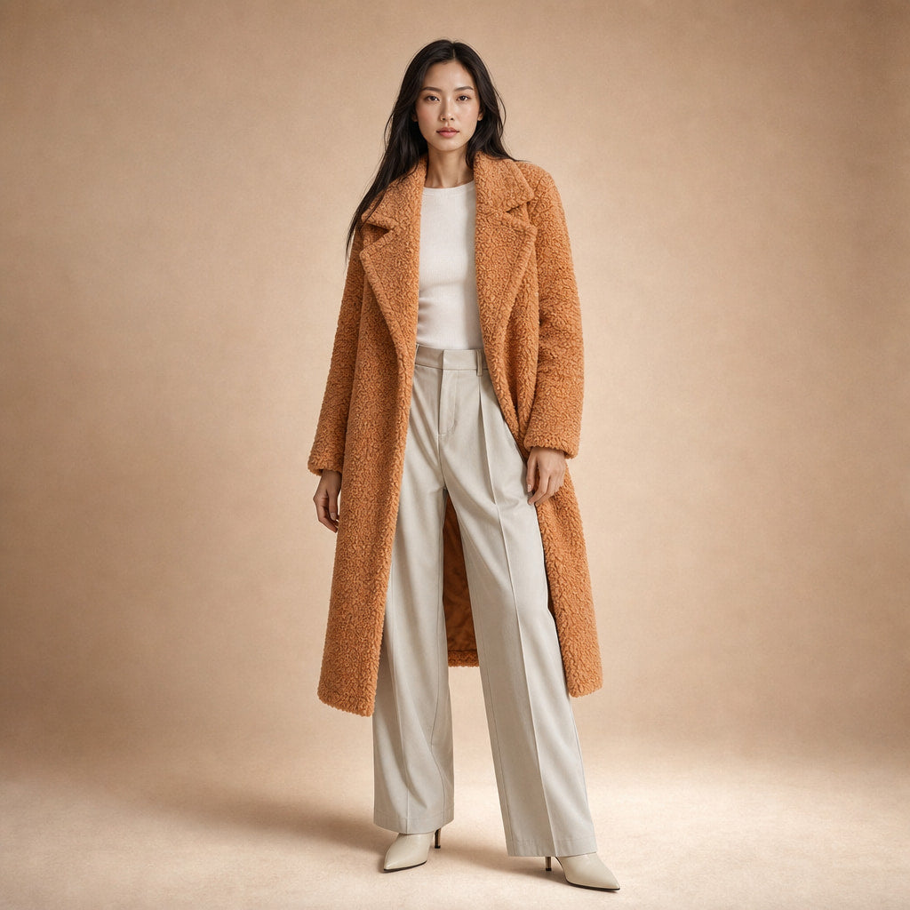 Women's Longline Teddy Coat Notch Lapel Open Front Winter Overcoat in Orange – Mampierimoda Premium Womenswear