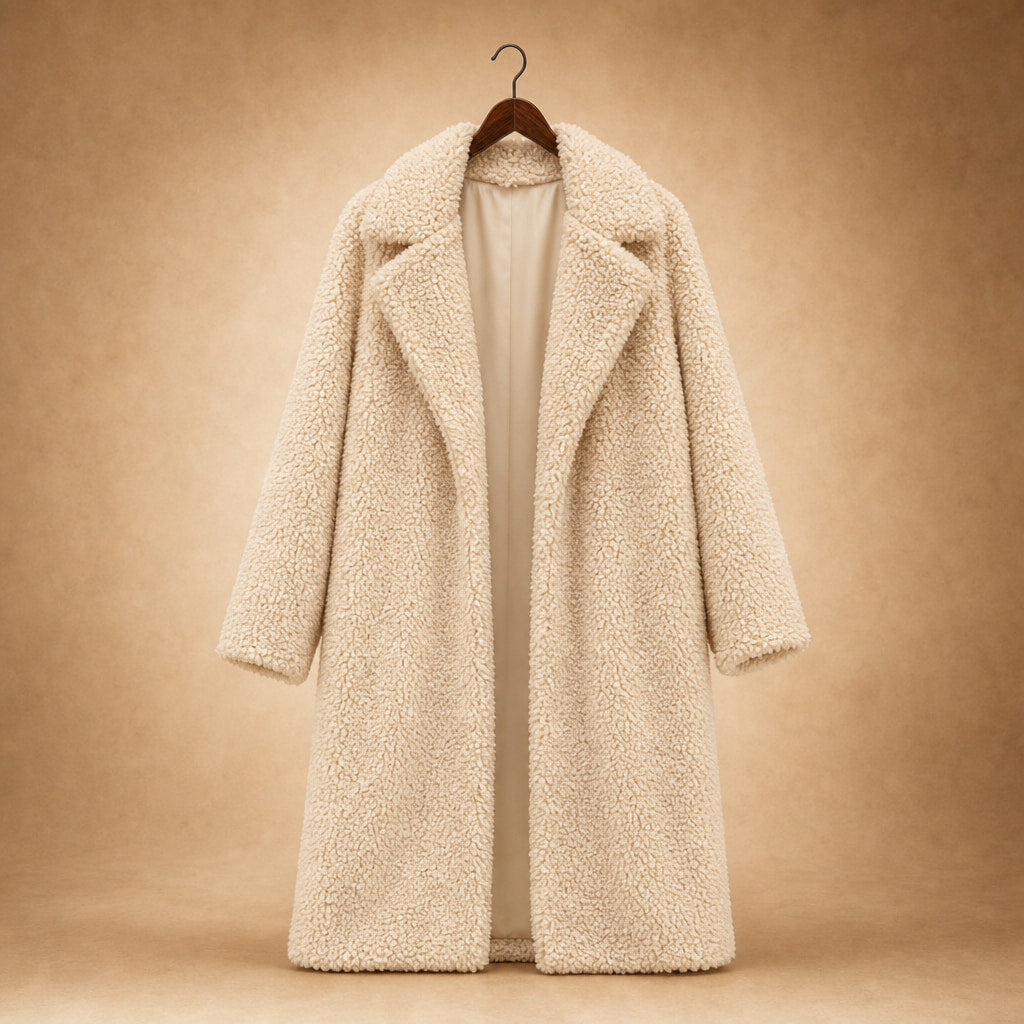 Women's Longline Teddy Coat Notch Lapel Open Front Winter Overcoat White – Product Photo