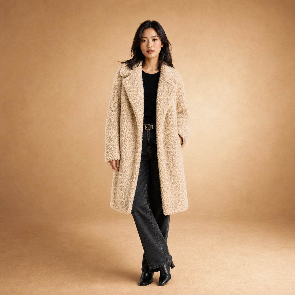 Women's Longline Teddy Coat Notch Lapel Open Front Winter Overcoat in White – Mampierimoda Premium Womenswear