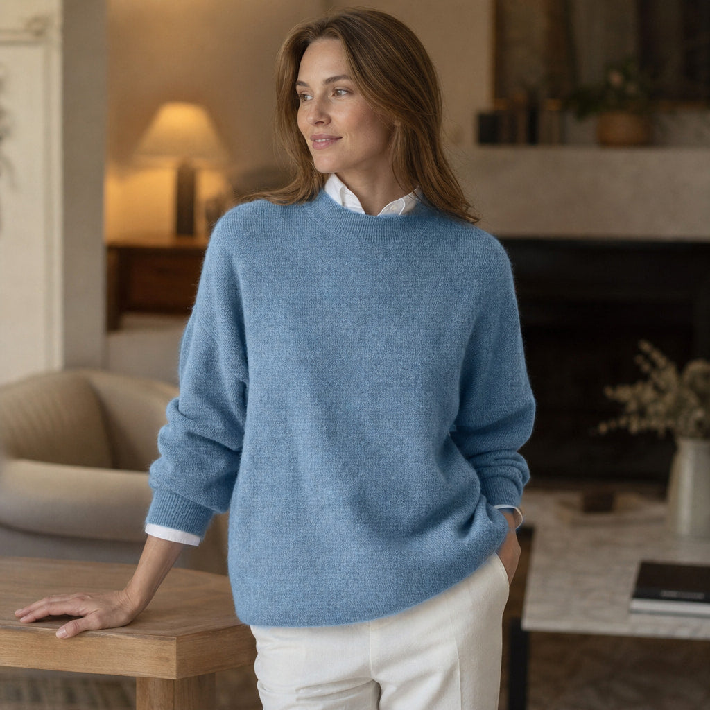 Women's Loose Fit Cashmere Sweater - Soft and Comfortable Blue – Styled Editorial Shot