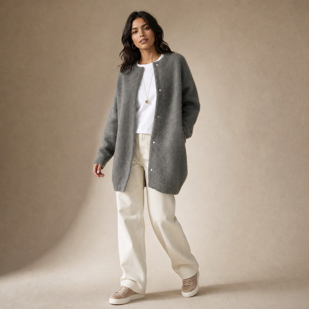 Women's Loose Fit Knitted Cardigan Jacket Gray – Side Angle View