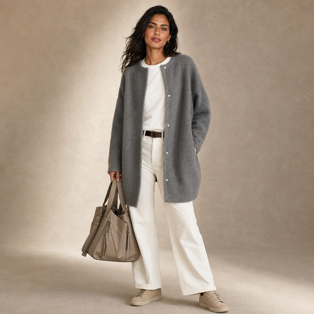Women's Loose Fit Knitted Cardigan Jacket Gray – Full Look