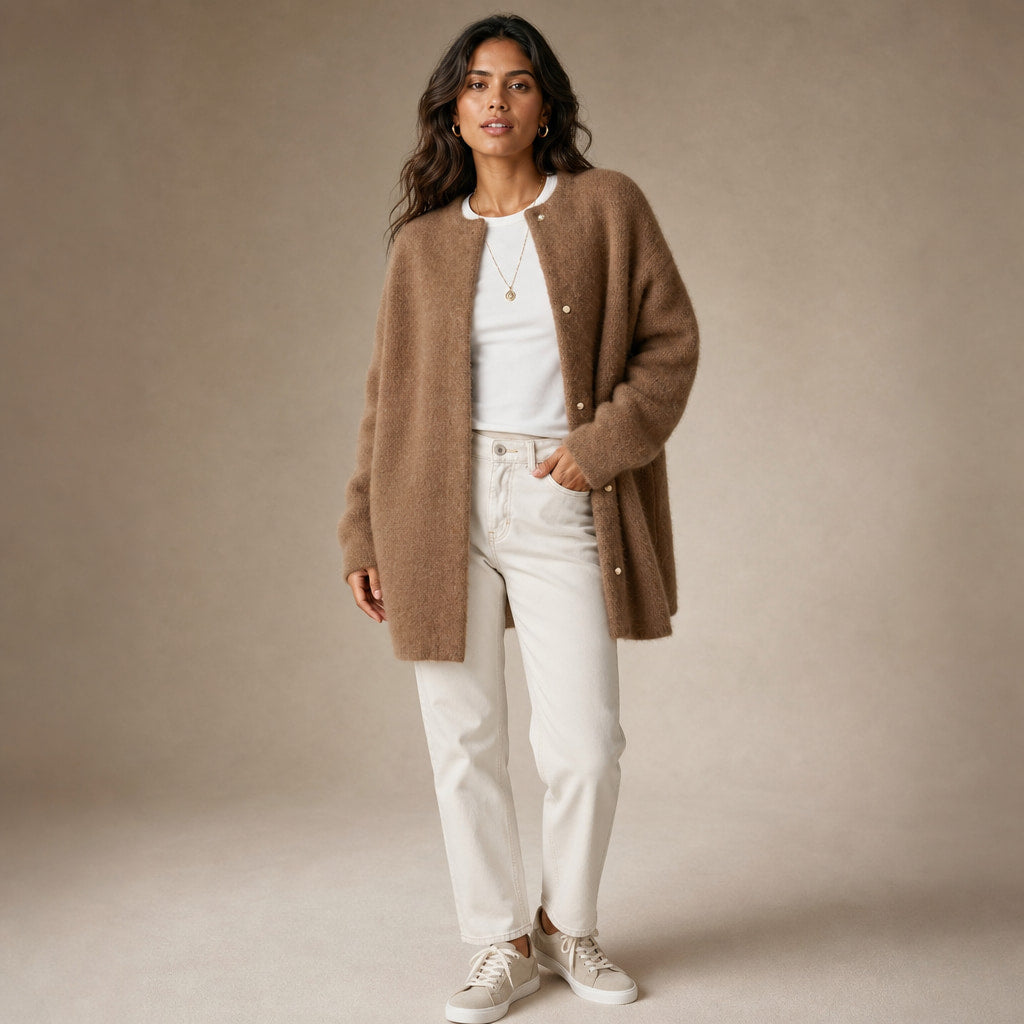 Women's Loose Fit Knitted Cardigan Jacket in Light Brown – Mampierimoda Premium Womenswear